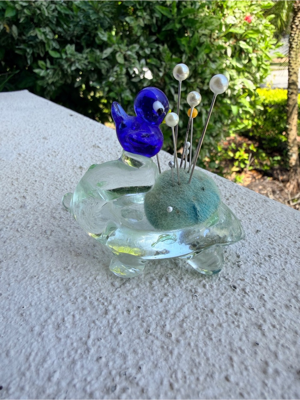 Vintage Art Glass Duck Bird Pin Cushion Sewing Pin Holder Clear Glass Blue
